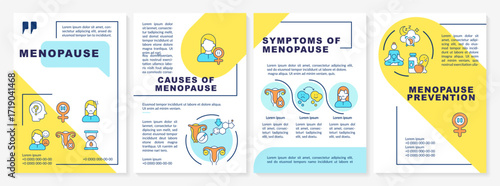 Menopause blue and yellow brochure layout. Causes, symptoms and prevention. Mature women health. Leaflet advertising design with color line icons. Editable 4 pages. Questrial, Lato-Regular fonts used