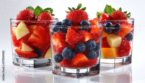 Wallpaper Mural Three clear glass dishes filled with vibrant fruit salad. Strawberries, blueberries, and apple pieces are prominent Torontodigital.ca