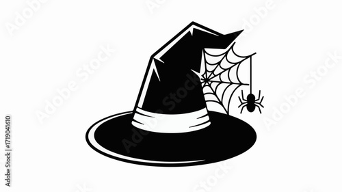 A Spooky Black Witch Hat Adorned with a Cobweb and Spider, Perfect for Halloween Decorations and Themed Events