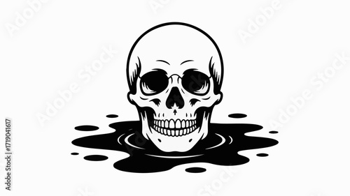 Monochromatic illustration of a skull submerged in a dark, ominous pool of liquid, evoking themes of mortality and darkness