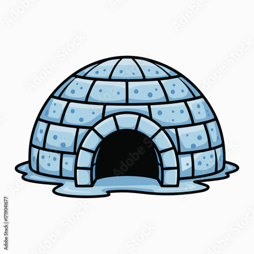 A vivid cartoon illustration of a sturdy igloo, expertly built from glistening blocks of ice and compacted snow, embodying a resilient shelter for extreme arctic cold