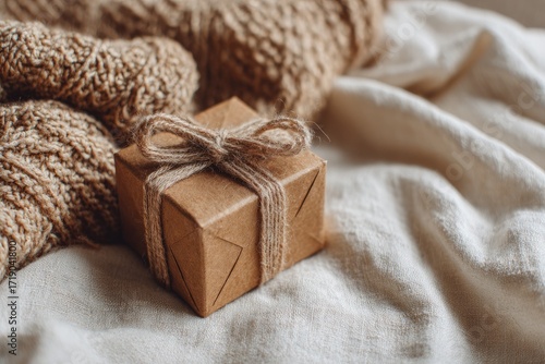 Wallpaper Mural Small, kraft paper gift box with twine bow, nestled on a bed of cream-colored fabric, with a tan knitted sweater in the background Torontodigital.ca