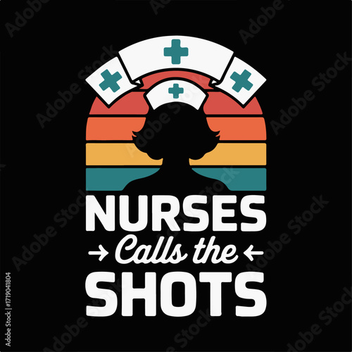 Vibrant retro graphic featuring nurse silhouette and cap, against colorful striped background, highlighting the invaluable and authoritative role of healthcare professionals in modern medicine