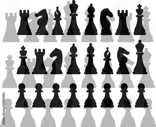 A set of chess pieces vector illustrations with a knight and a queen in silhouette, representing people in a business design