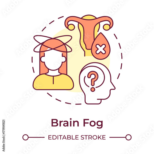 Brain fog multi color concept icon. Difficulty concentrating, forgetfulness, mental fatigue. Menopause symptom. Round shape line illustration. Abstract idea. Graphic design. Easy to use in blog post