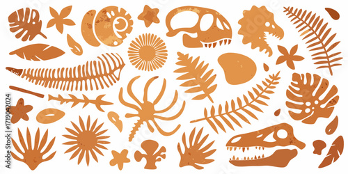 Collection of illustrated dinosaur skeletons fossils and prehistoric plants in warm orange tones on a white background