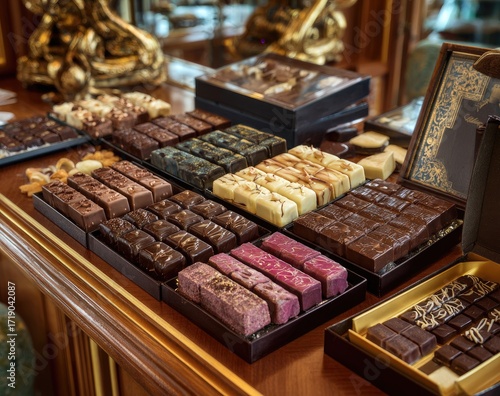 Wallpaper Mural Assorted chocolate bars in boxes on a wooden table Torontodigital.ca