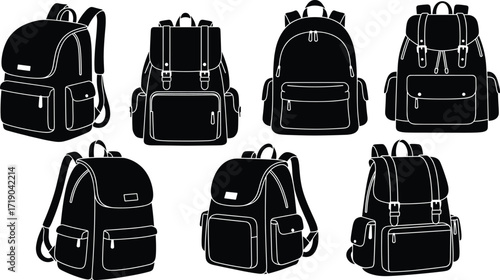 Backpack icon set, assorted travel, hiking, and school bag designs, black silhouette outdoor gear illustrations, vector art