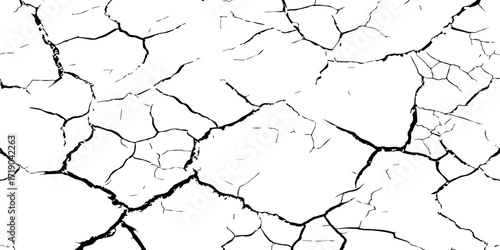 High resolution cracked dry earth texture, natural pattern background with white surface and dark fractures, abstract cracked ground design ideal for wall texture, grunge backdrop, or digital use.