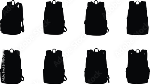 Backpack icon set, assorted travel and school bag designs, black silhouette outdoor gear symbols, vector illustration