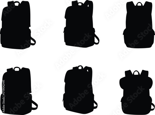 Backpack icon set, assorted travel, hiking, and school bag designs, black silhouette outdoor gear symbols, vector illustration
