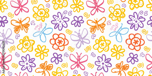 Seamless pattern of colorful hand drawn butterflies and flowers on white background