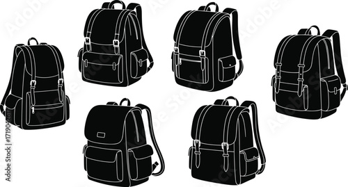 Backpack icon set, assorted travel, hiking, and school bag designs, black silhouette outdoor gear illustrations, vector art