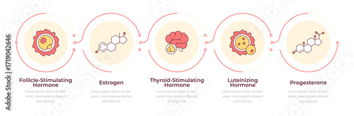 Hormones infographic 5 steps. Women health support. Reproductive system care. Medical diagnistics. Flow chart infochart. Editable vector info graphics icons. Montserrat-SemiBold, Regular fonts used