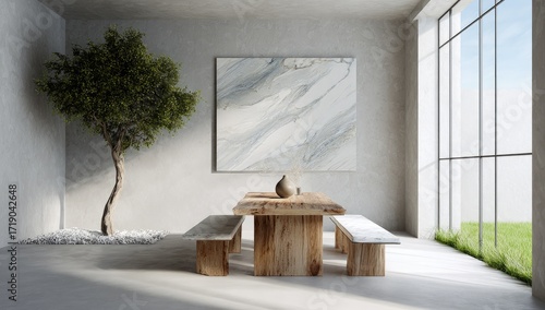 Modern minimalist dining room with a large art piece and wooden table