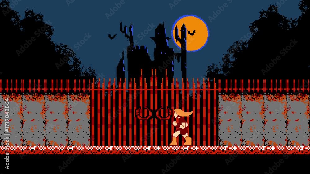A young warrior stands before the gate of a vampire castle under a full moon,  bats take flight as the gate creaks open, perfect for a pixel art game mock-up