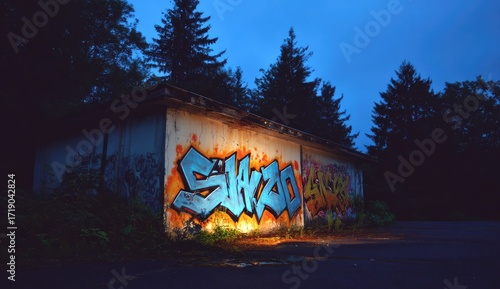 Graffiti-covered, derelict building at twilight