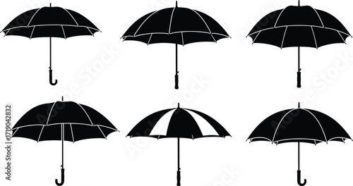 Closed umbrella icon set, various canopy styles and alternating panel designs, black silhouette weather protection symbols, vector illustration