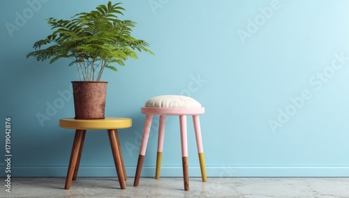 Pastel-toned room with plant and stool