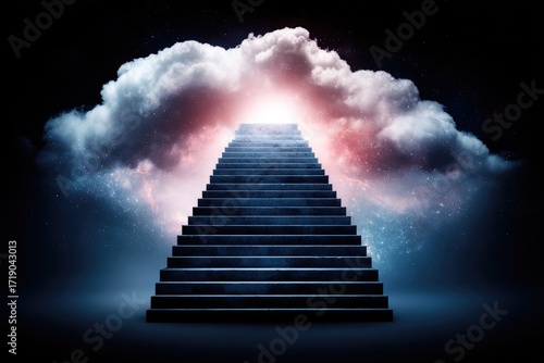 Dark stairway leading to glowing clouds in the night sky