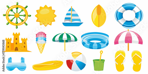 Collection of bright and colorful cartoon summer beach vacation icons and symbols