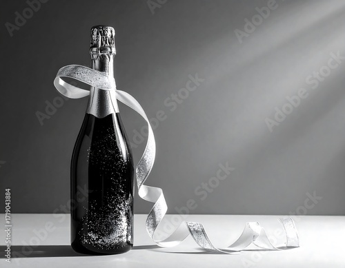 Elegant champagne bottle with ribbon