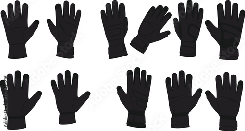 Glove icon set, assorted protective and winter handwear designs, black silhouette clothing accessories, vector illustration