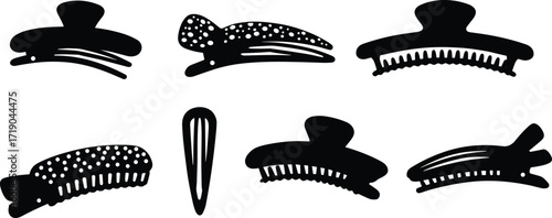 Hair clip icon set, assorted claw and barrette designs, black silhouette fashion hair accessories, vector illustration