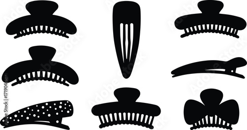 Hair clip icon set, assorted claw, snap, barrette, and decorative designs, black silhouette hair accessory illustrations, vector art