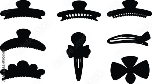 Hair clip icon set, assorted claw, snap, bow, and decorative designs, black silhouette hair accessory illustrations, vector art