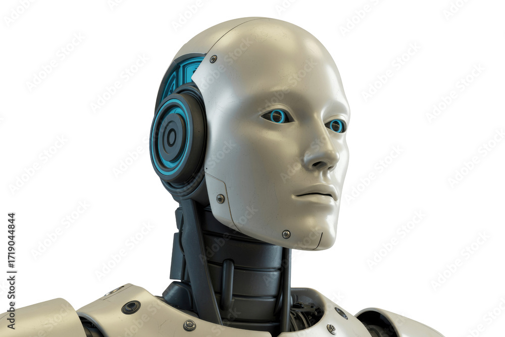 Naklejka premium Close-up of a humanoid robot's head, showcasing its detailed mechanical design and human-like features. background removed