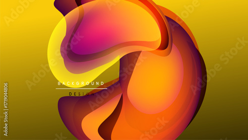 Abstract fluid shapes overlap, creating vibrant orange, yellow, magenta gradients. Background is dark, design features text elements.