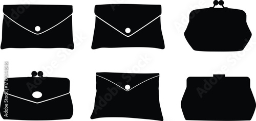 Handbag and purse icon set, assorted flap and clasp closure designs, black silhouette fashion accessories, vector illustration