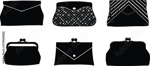 Handbag and clutch icon set, assorted purse styles and clasp designs, black silhouette fashion accessories, vector illustration