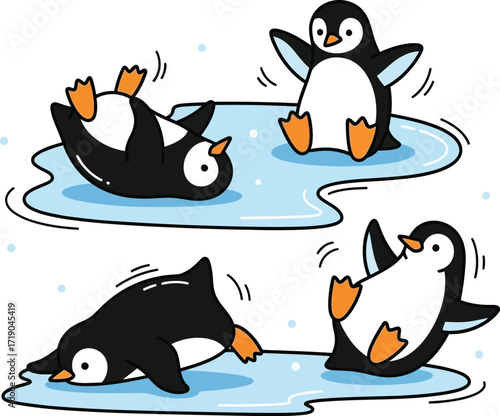 Vector art of four cute cartoon penguins playing on ice