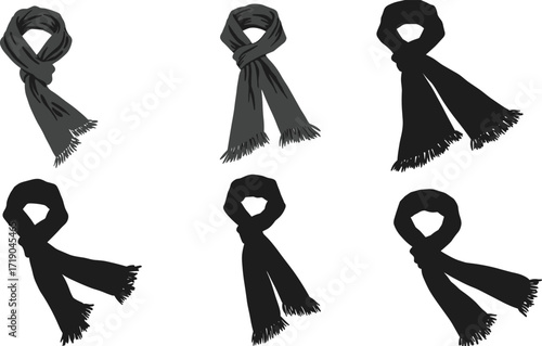 Scarf icon set, assorted tying styles and drape designs, black silhouette winter fashion accessories, vector illustration