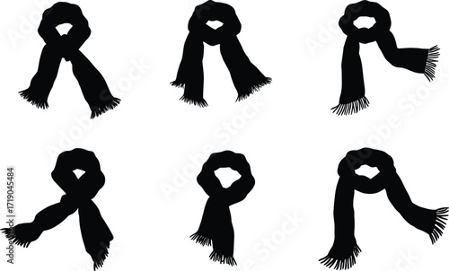 Scarf icon set, assorted styles and tying designs, black silhouette fashion accessories, vector illustration
