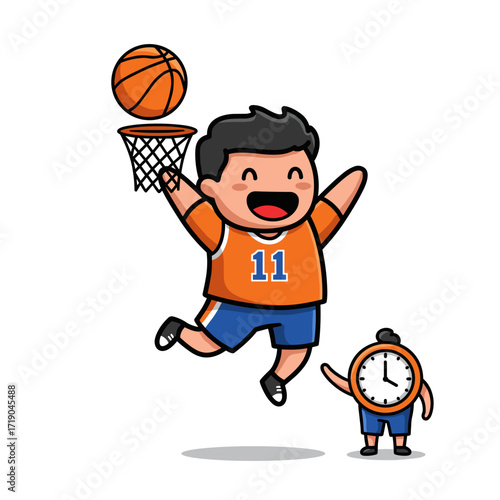 Happy Basketball Player Cartoon Dunking the Ball