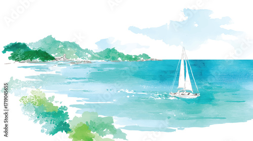 Serene watercolor seascape with sailboat