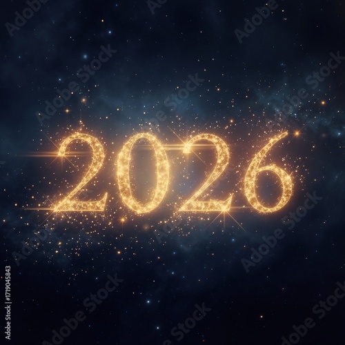 Golden 2026 New Year Text with Sparkling Effects on Dark Starry Background