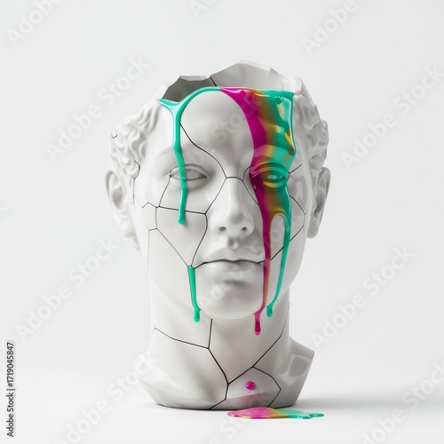  Surreal Cracked Marble Statue Head Overflowing with Vibrant Colorful Fluid Art