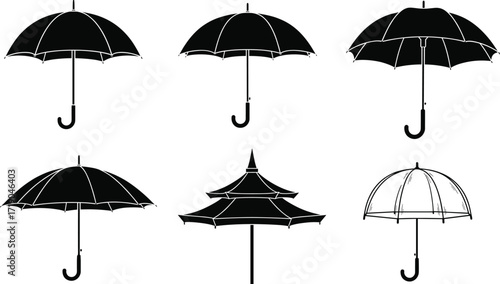 Umbrella icon set, assorted classic, pagoda, and transparent canopy designs, black silhouette weather protection symbols, vector illustration