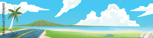 Horizontal or Landscape view of asphalt road on hill to sea beach. On coconut tree beside road with meadow on hills. Clear sea beach with island. under blue sky and white clouds. for travel banner.