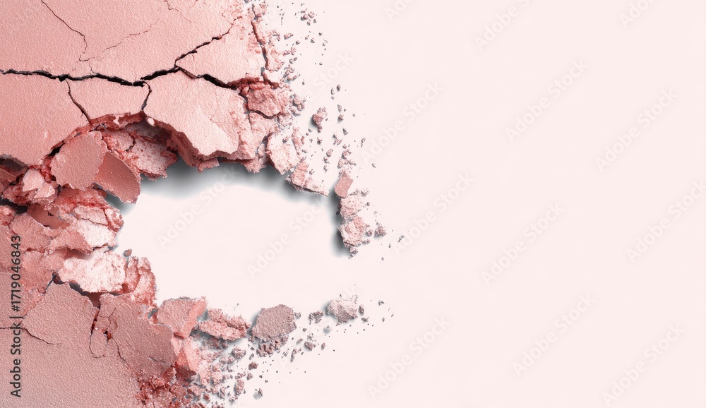 Obraz premium Crushed, light pink cosmetic powder, fragmented, cracks, scattered on white background
