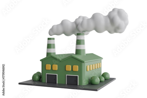Cartoon 3D rendering of a green factory emitting white smoke, symbolizing industrial pollution. background removed