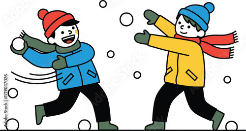 Vector art of two children having a snowball fight in the snow