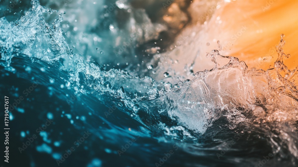 Fototapeta premium Close up of a wave crashing and creating a spray of water. The water is a deep blue color and the background is a soft orange.