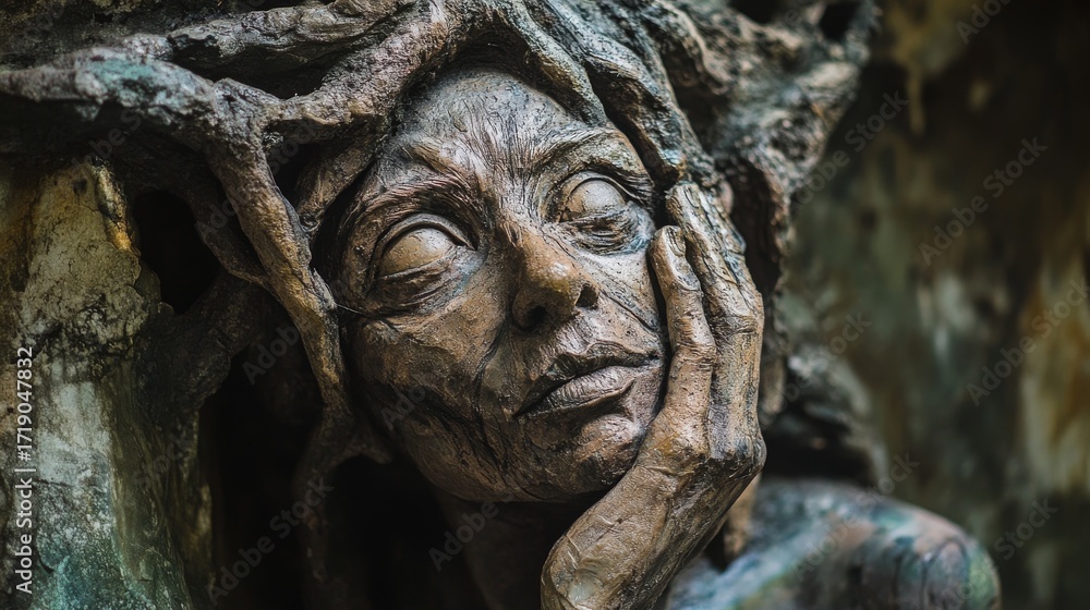 Obraz premium Close-up of a bronze sculpture of a woman's face with tree roots in her hair.