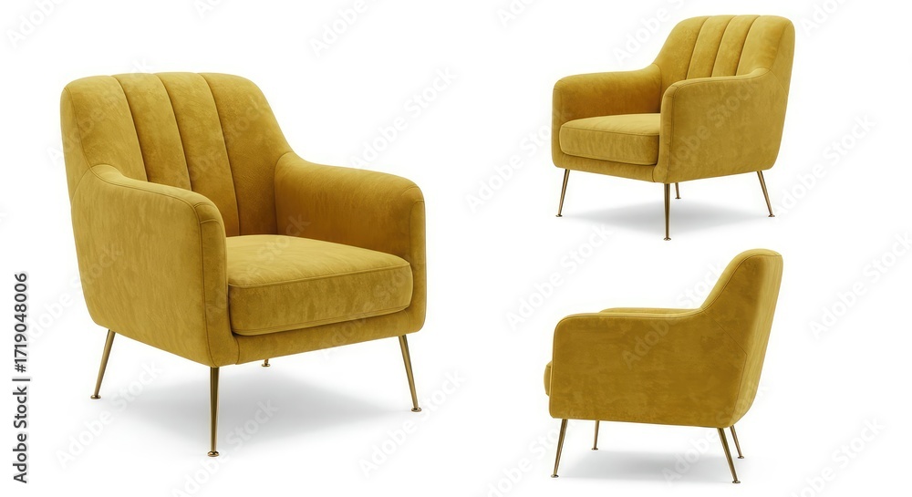 Naklejka premium Modern Mustard Yellow Velvet Armchair Three Views Furniture Product Display