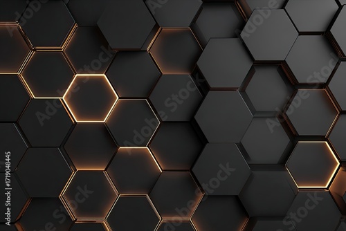 Abstract 3D render of a textured black honeycomb pattern with warm-toned, glowing edges on select hexagons